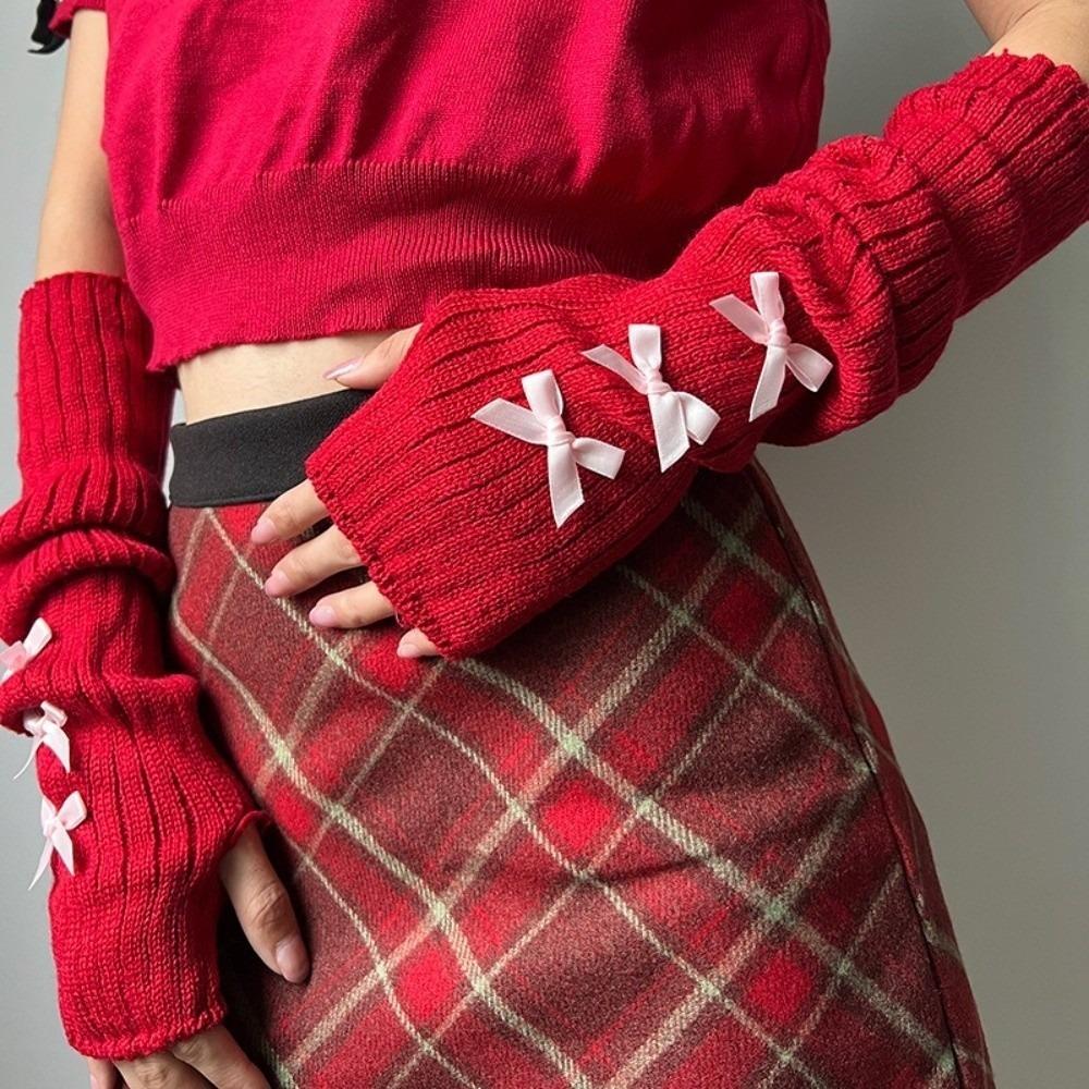 Slouchy Y2K Fingerless Gloves Long Wrist Cuffs Sweet Bow Knitted Arm Warmers Girls