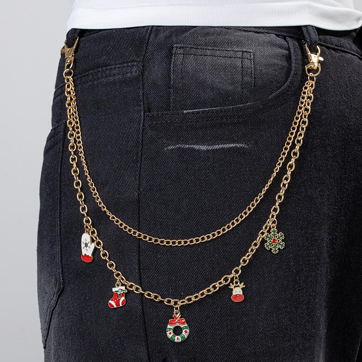 

1 piece of Christmas versatile pants chain, cute reindeer snowflake oil drop pendant, double-layer tassel women s jeans chain