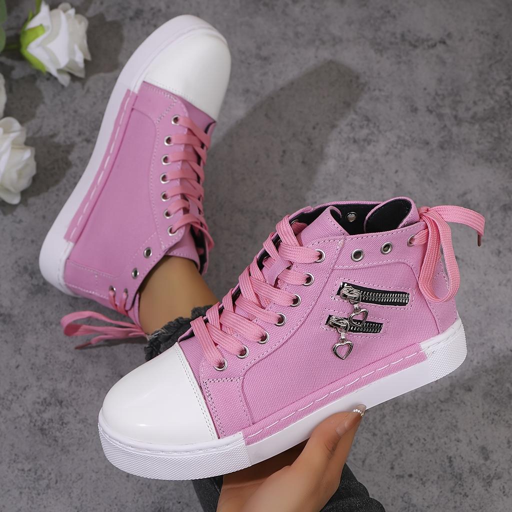 Breathable & Non-Slip Women's High-Top Sneakers | Lace-Up Casual Shoes with Thick Cushioned Insole, All-Season Sports Footwear in Pink
