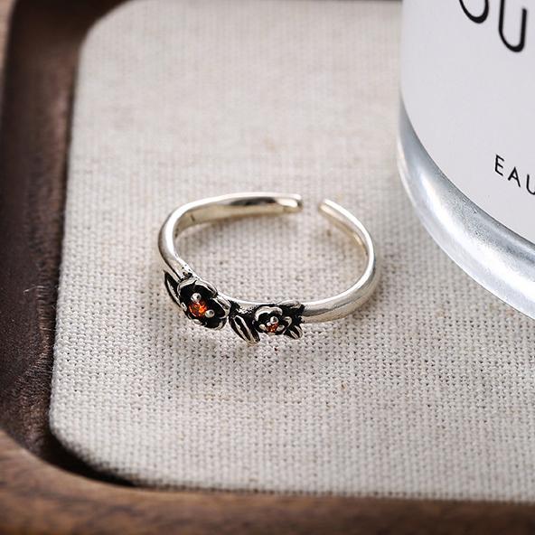 PONYKISS Sterling Silver Zircon Vintage Rose Rings for Women Party Minimalist Opening Fine Plant Accessories