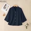 ZANZEA Women Turn Down Collar Loose 3/4 Sleeve Cotton Blouse