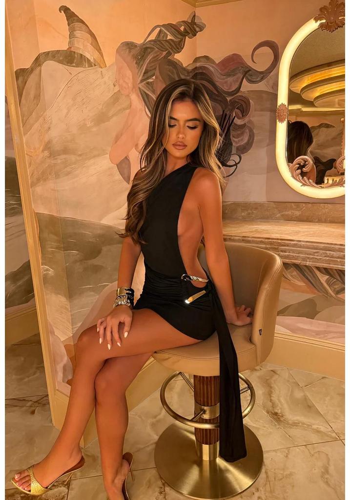 2025 European & American Sexy Bodycon Dress with Metal Buckle Waist