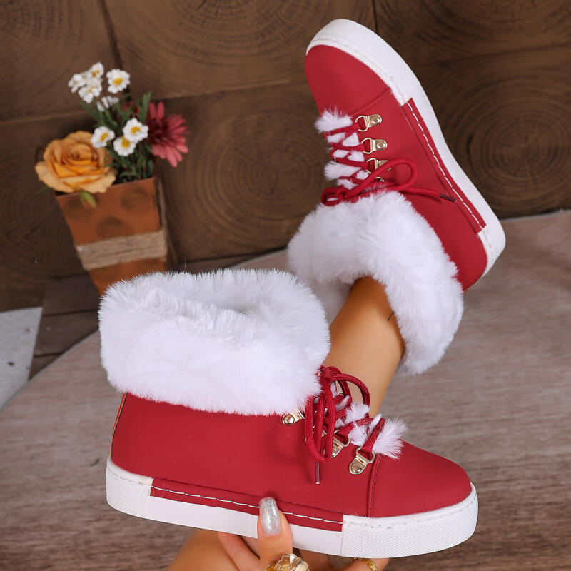 Fashion Lace Up Furry Casual Shoes Women 2025 Winter Warm Short Plush Flat Heel Ankle Boots Fluffy Fur Comfort Non Slip Woman's Sneakers