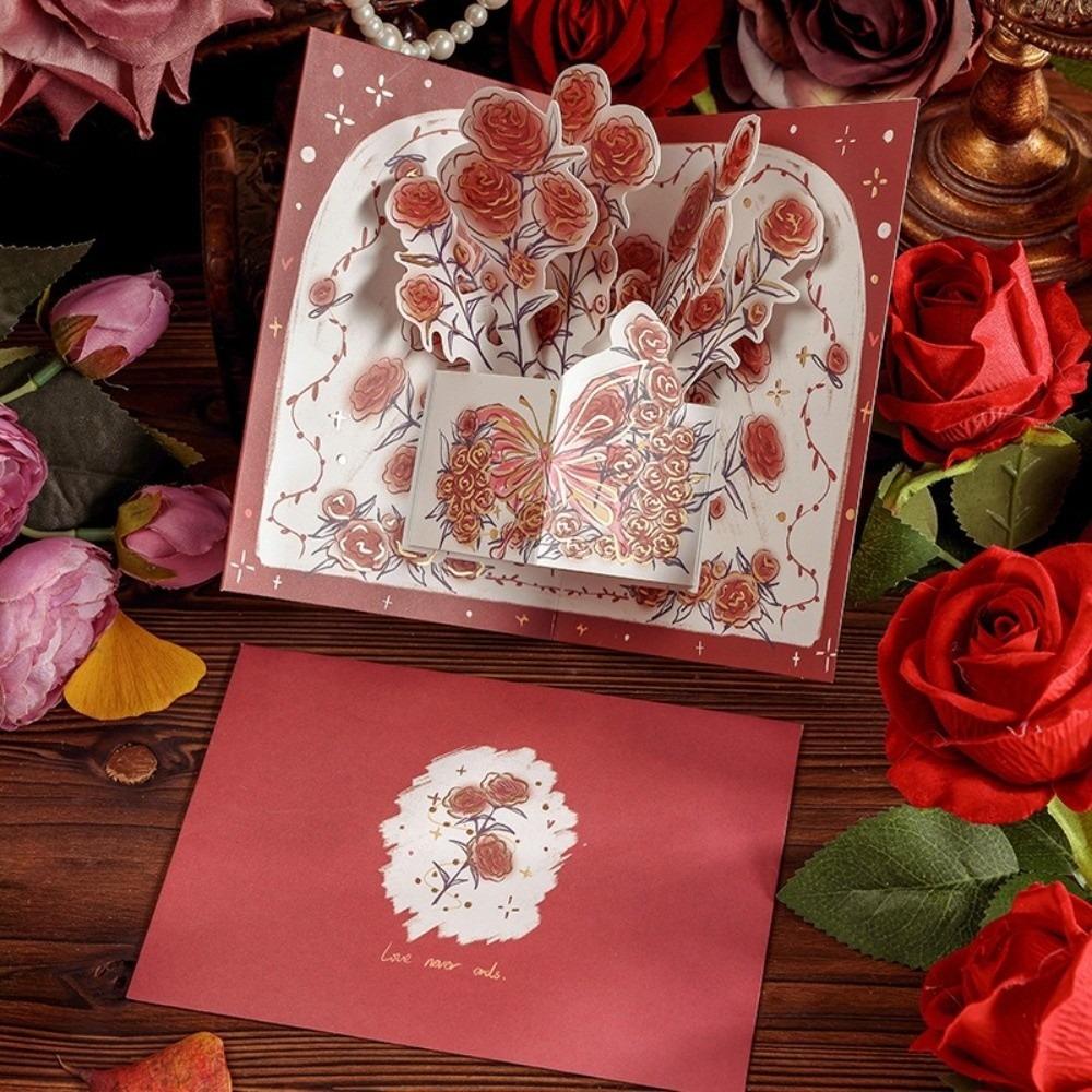 Surprised Pop Up Love 3D Greeting Card with Envelope Rose Valentine's Day Card Flower Thank You Card Wedding Invitations