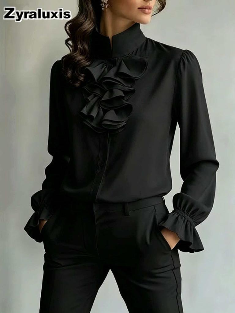 New Style Chic Casual Loose Collar Solid Color Ruffled Shirt for Women