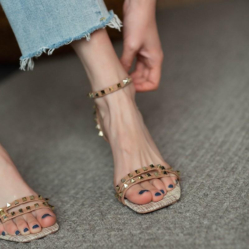 Fashion Summer New Rivet One Buckle Strap Sandals Women's Square Toe Stiletto Ultra Simple Slim Strap Versatile Roman Kitten Heels