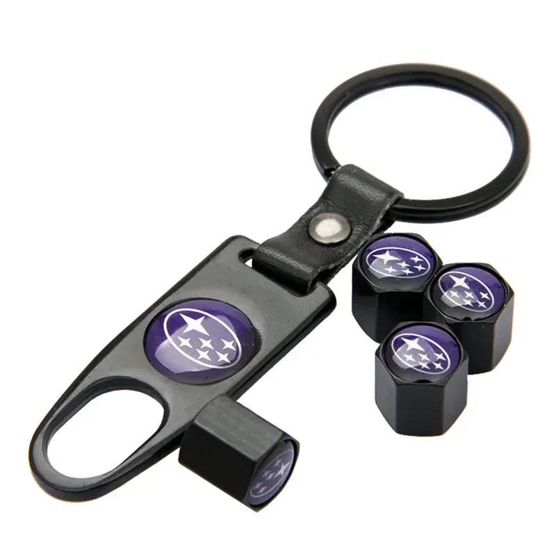 Car Tire Rim Valve Caps with Keychain Wheel Accessories for Subaru Forester XV Tribeca Outback Impreza Legacy STI WRX BRZ