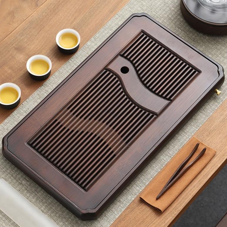 Bamboo Tea Tray with Water Storage - Simple Rectangular Design for Tea Sets