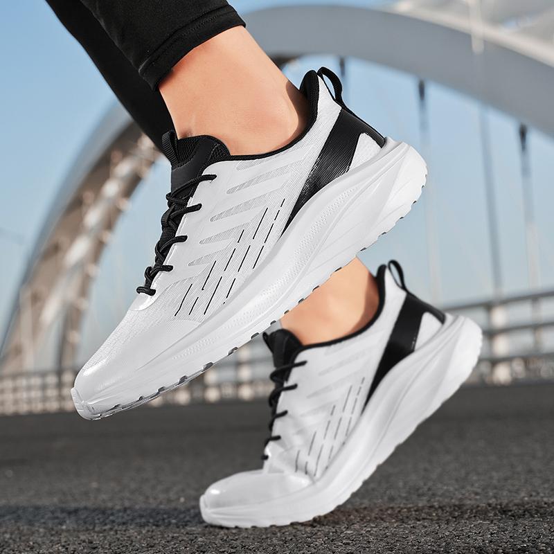 Men's Sports Shoes Lace Up White and Black Casual Walking Shoes Tennis Shoe Work Gym Comfortable Lightweight Mesh Soft Sole