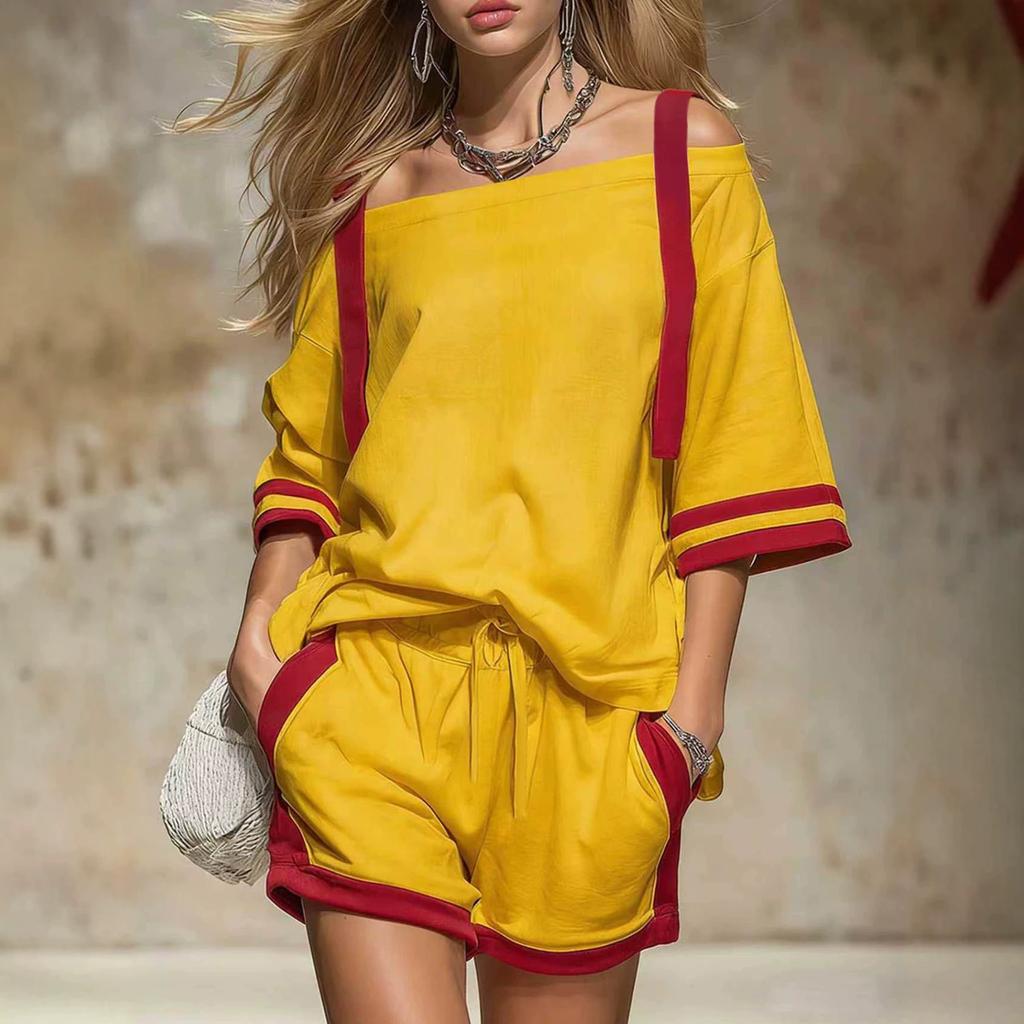 2026 Amazon European and American cross-border spring and summer women's suit off-the-shoulder top + shorts sports and leisure two-piece set