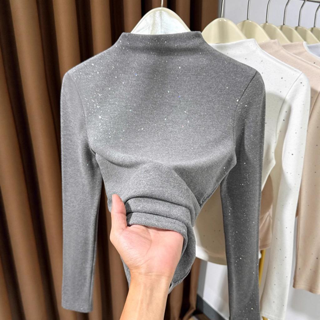 Autumn and winter semi-turtleneck German velvet warm bottoming shirt women's new sequined pleated soft waxy foreign style inner shirt