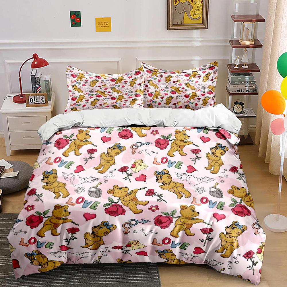 Cute Bears, Hearts, and Roses Bedding Set for Kids Luxury Gift 3pcs Digital Print Comforter Set Soft Comfortable Breathable