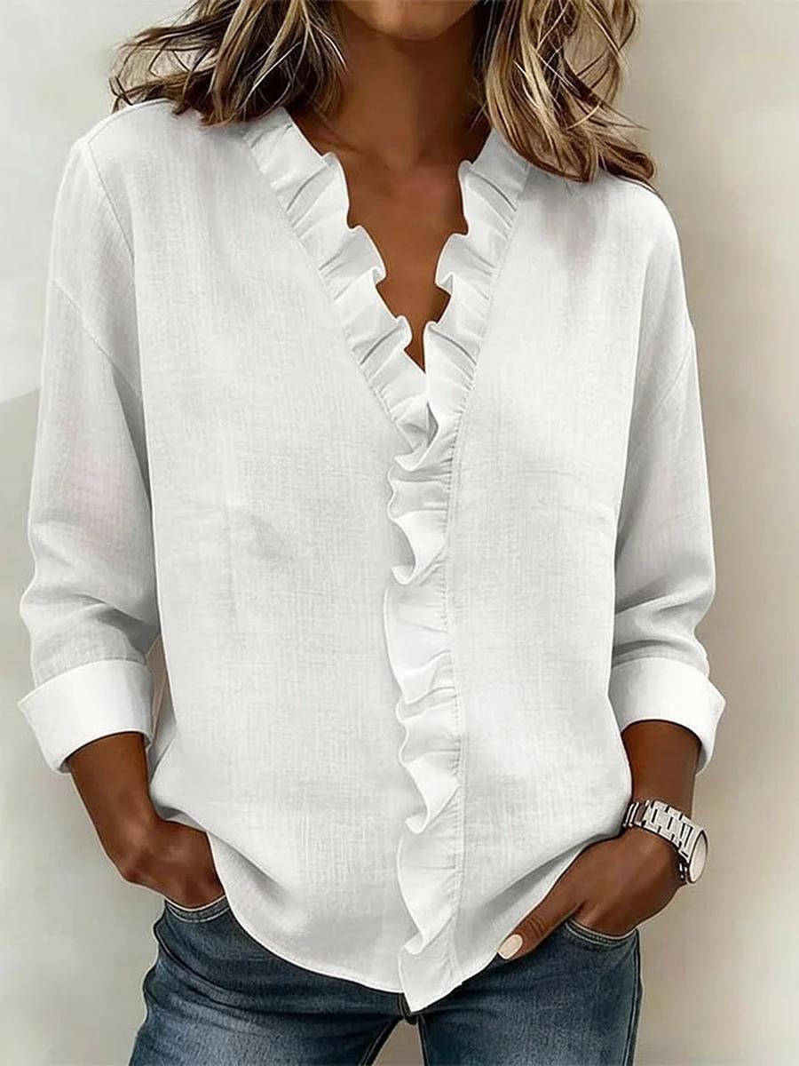 

Женская хлопковая рубашка с длинным рукавом и отделкой «деревянное ухо» S белый