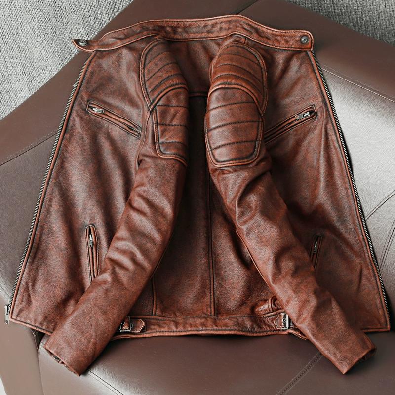 Vintage Genuine Leather Jacket for Men Distressed Short Slim Fit Stand Collar Biker Coat