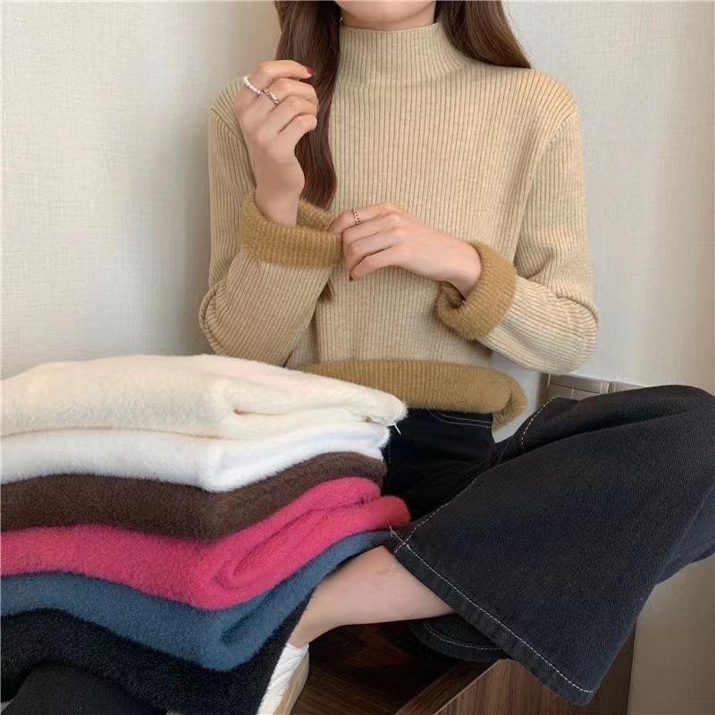 Fleece and Thickened Sweater Top for Women In Winter Semi-high-neck Pullover and Fitted Knitted Sweater Worn Inside
