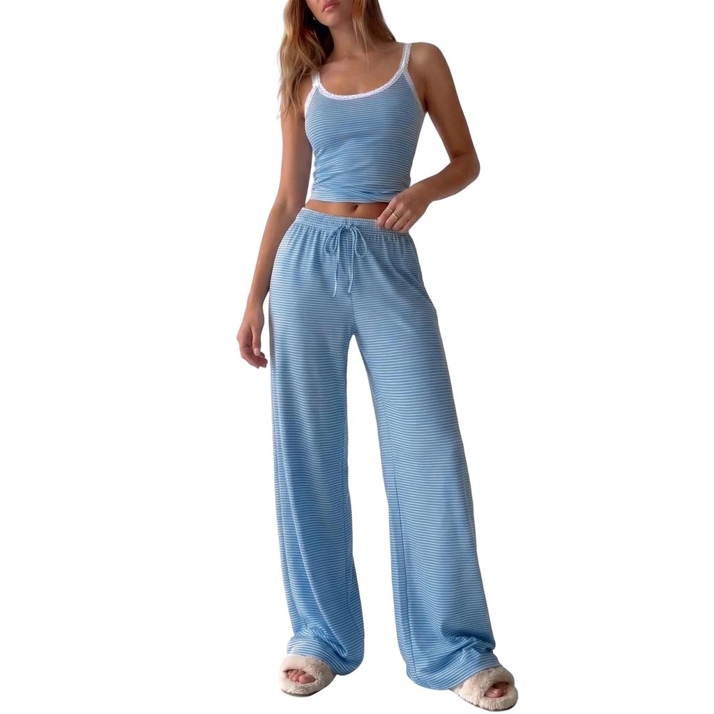 Women Sleeveless Tank Top and Wide Leg Pants Set Casual Lounge Pajama Set with Adjustable Waistband and Relaxed Fit for Home and Sleepwear