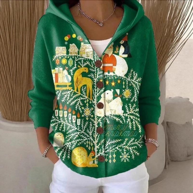 New V-neck button long-sleeved hooded sweater autumn and winter Christmas fashion personalized coat women