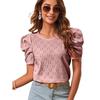 Women Hollow Out Jacquard Bubble Sleeve T-Shirt Solid Color Round Neck Top Blouse Spring Summer Fashion