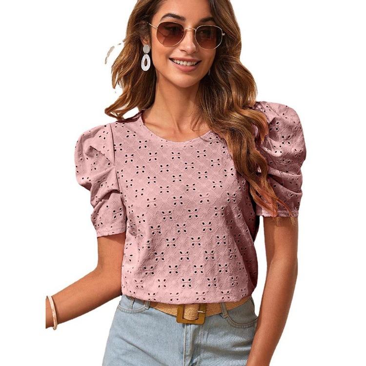 Dame Utkuttet Jacquard Bobleermet T-skjorte Ensfarvet Rund Hals Topp Bluse Vår Sommer Mote
