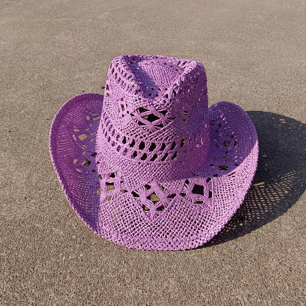 Hand Woven Panama Straw Cowboy Hat Bohemian Beach Sun Hat UV Protection Windproof Cowboy Straw Hat