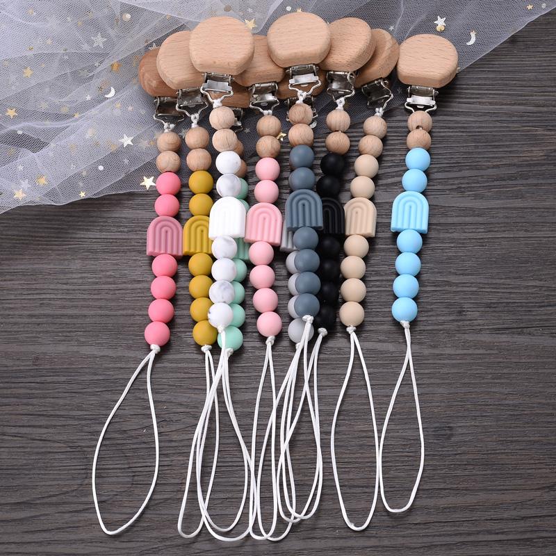 New Baby Pacifier Clips Round Beech Clips Silicone Rainbow Beads for Dummy Nipple Holder Soother Chain Teether Toy