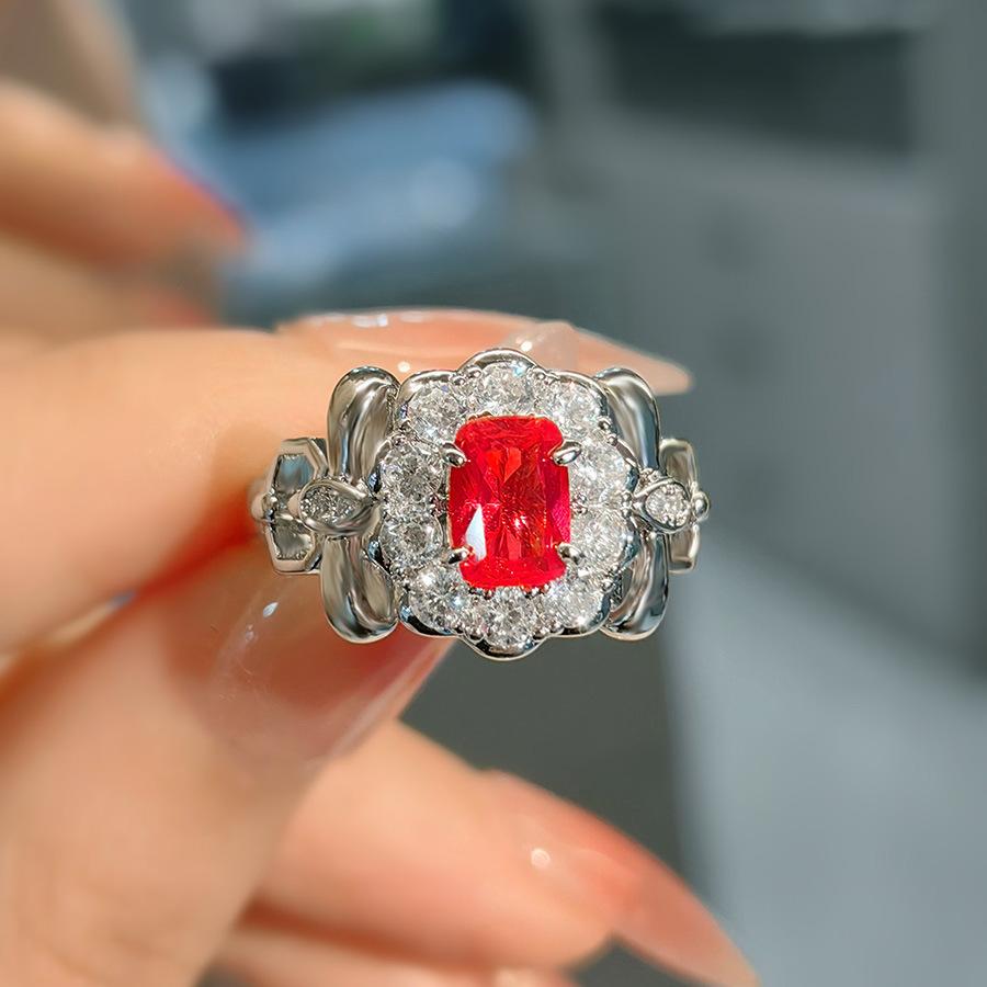 

Fashion Light Luxury Bow Red Corundum Ring Retro Belt Cotton Wood With Green Daily Simple High Carbon Diamond Women S Ring opening adjustable