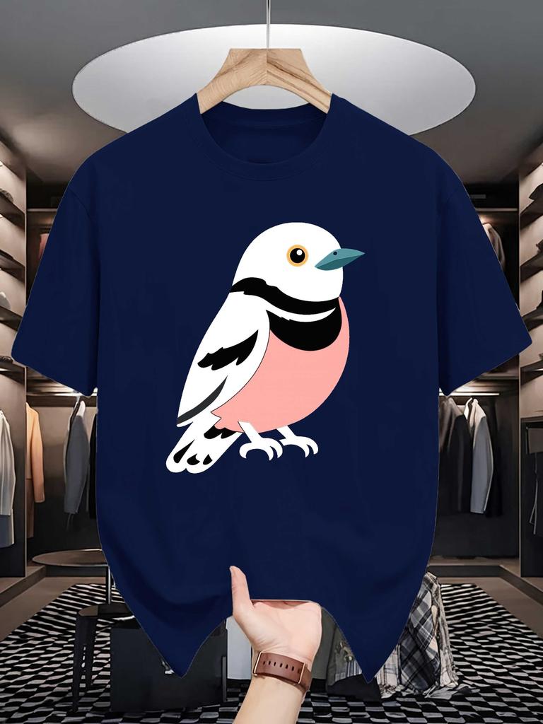 Unisex Summer Crew Neck Short Sleeve T Shirt Cute Cartoon Pink Belly Bird Print Casual Loose Fashion Streetwear Daily Basic Top