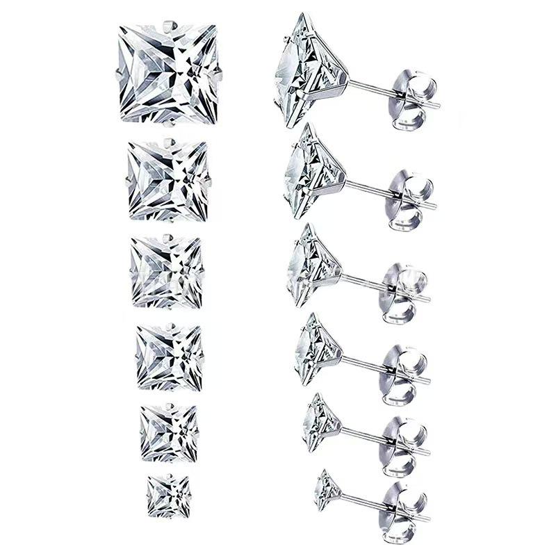 Four-Prong Square Cubic Zirconia Titanium Steel Cross Stud Earrings