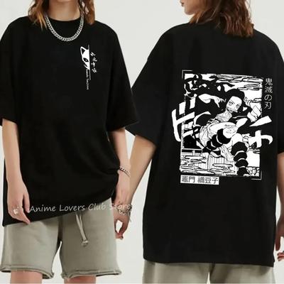 T-shirt imprimé graphique d'anime japonais Demon Slayer pour hommes et femmes, surdimensionné, à la mode, décontracté, col rond, manches courtes