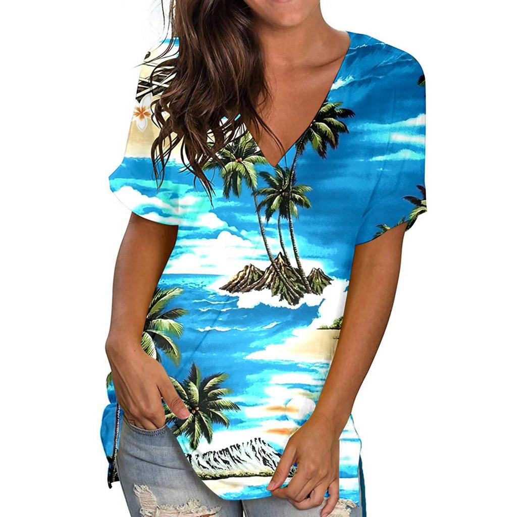 Summer V-neck 3D Coconut Tree Flowers Printed Top Fashionable Casual Short Sleeved Women's T-shirts