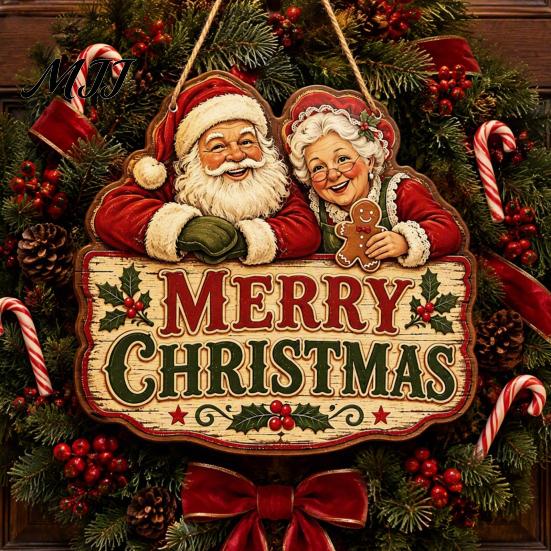 Rustic Christmas Home Accents Santa Claus Hanging Ornaments, Wooden Pendant with Hemp Xmas Party Supplies Rope, Vintage Wall Decoration for