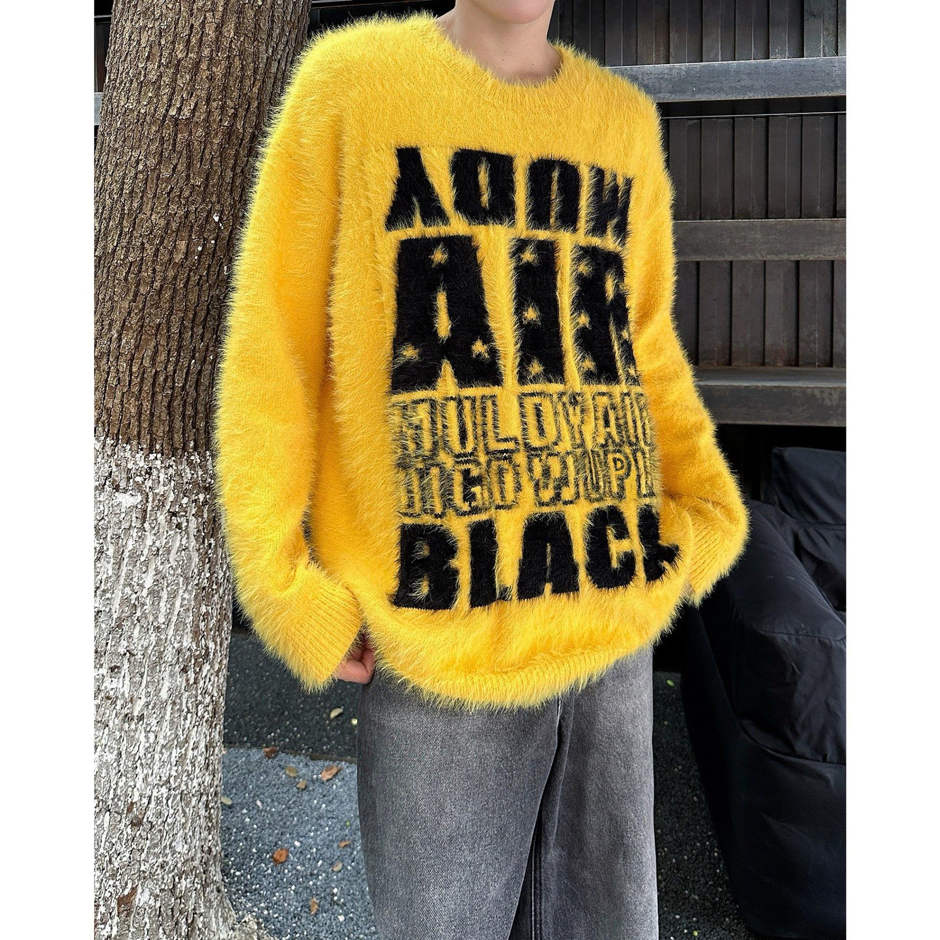American Letter Jacquard Knit Sweater - Trendy Autumn Winter Street Style, Unisex Round Neck Large