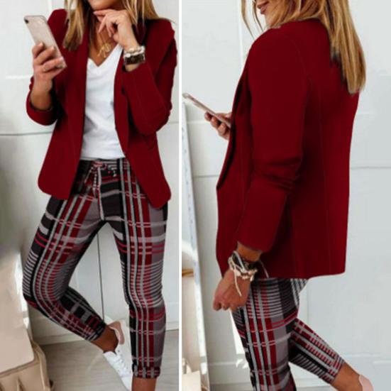 2-teiliges Set mit Mantel und Hose für formelle Anlässe für Damen, Umlegekragen, Karomuster, lange Ärmel, Jacke, schmale Passform, Hose mit elastischem Bund, lässige Alltagskleidung, Pendeln