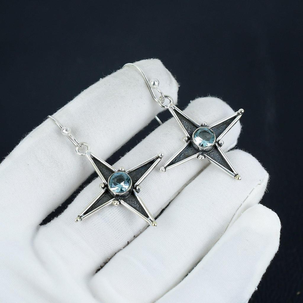 Dainty Blue Topaz Gemstone Star Shape Earrings, 925 Sterling Silver Earring, Handmade Boho Silver Jewelry Dangle Earrings, Party Wear Gift