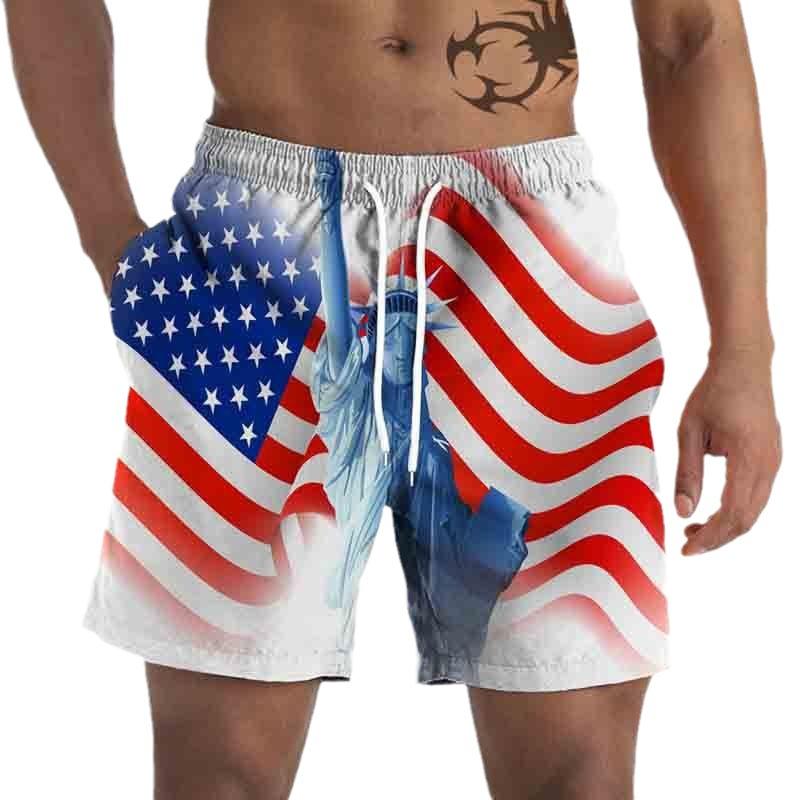 Summer Men's 3D Independence Day Printed Shorts Loose Straight Leg Cropped Beach Shorts