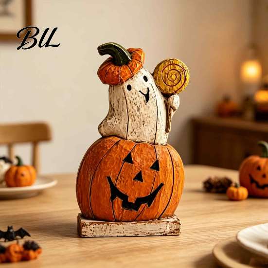 Gift for Halloween Enthusiasts Pumpkin Ghost Wooden Figurine, Vintage Tabletop Decor, Jack O Lantern Window Sill Ornaments Statue with Stable