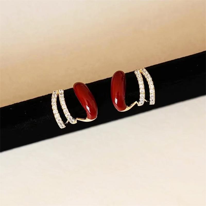 Wine Red C-shpaped Stud earrings for women curved crystal luxury wedding ear decoration female small earring