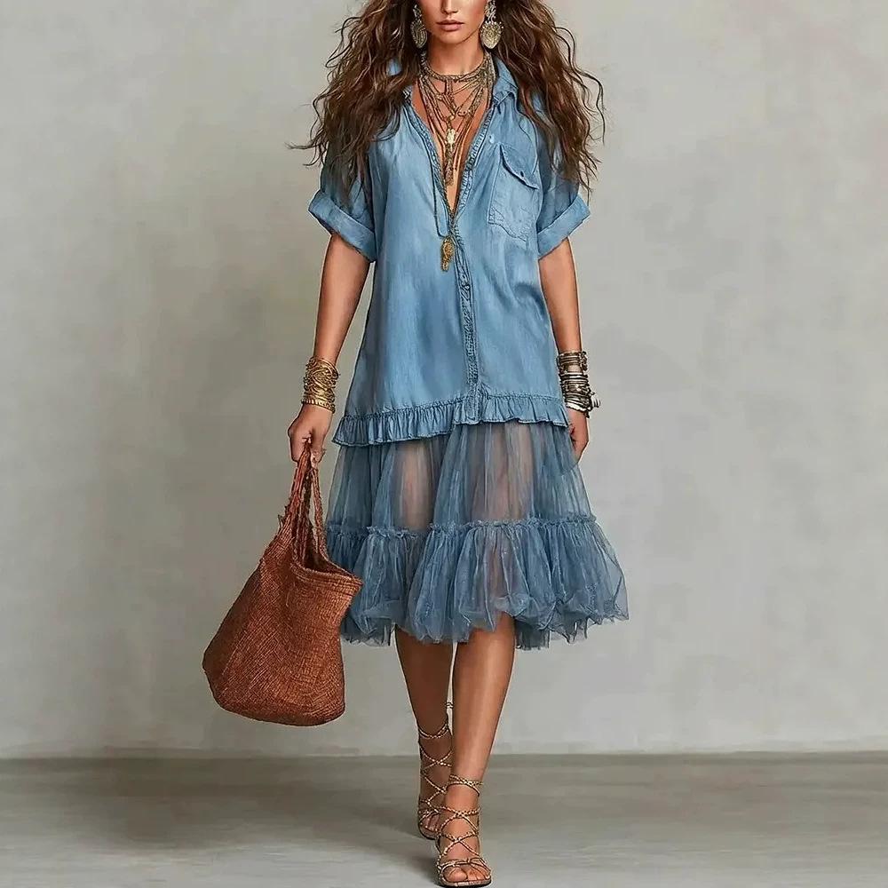 European and American women's bohemian imitation denim splicing mesh dress