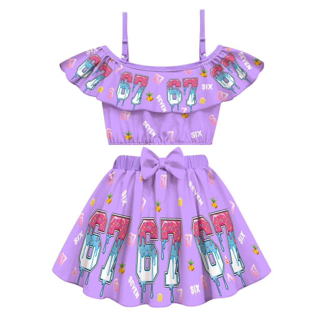 

20759 Kids Girls Steal a Brainrot 67 Print Swimsuit Swimwear Top Skirt Sets 160cm