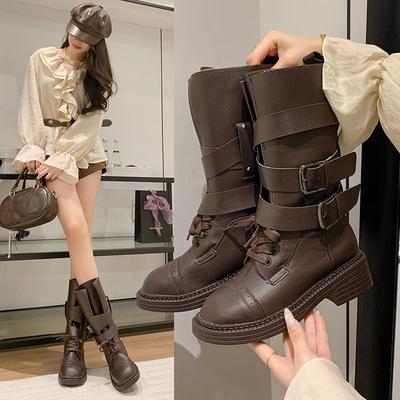 British Style Retro Medium Tube Knight Boots Women's 2025 Autumn and Winter New Soft Leather Thick Heel Belt Buckle Platform Fashion Boots