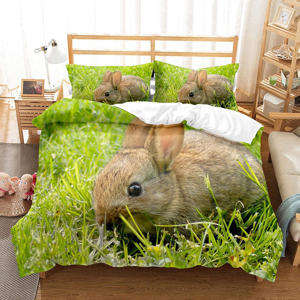 Cute Rabbit Duvet Cover Set Animals Polyester Comforter Cover King Queen Size for Kids Boys Girls Bedding Set with Pillowcase