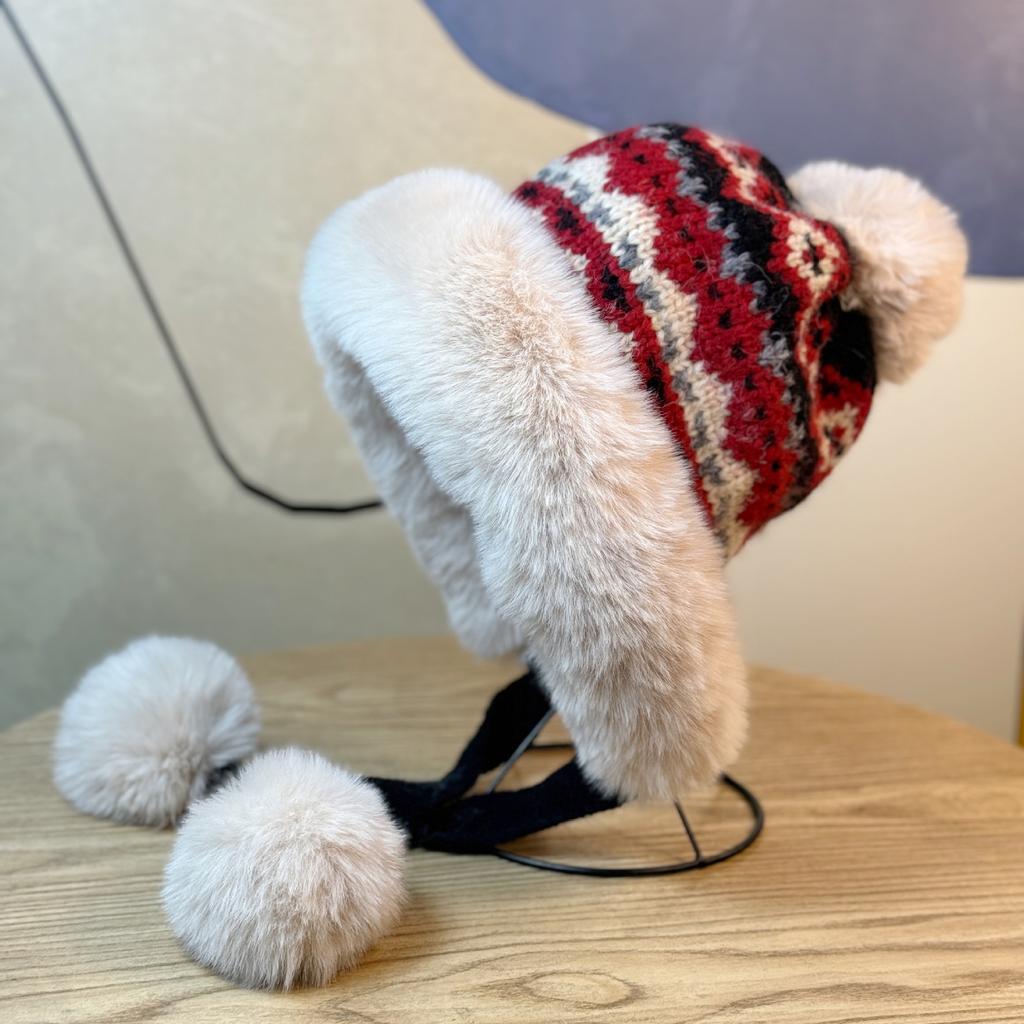 Winter New Style Plus Velvet Warm Lei Feng Hat Outdoor Cold-proof Ear Protection Wool Knitted Hat for Women Sweet and Cute Casual