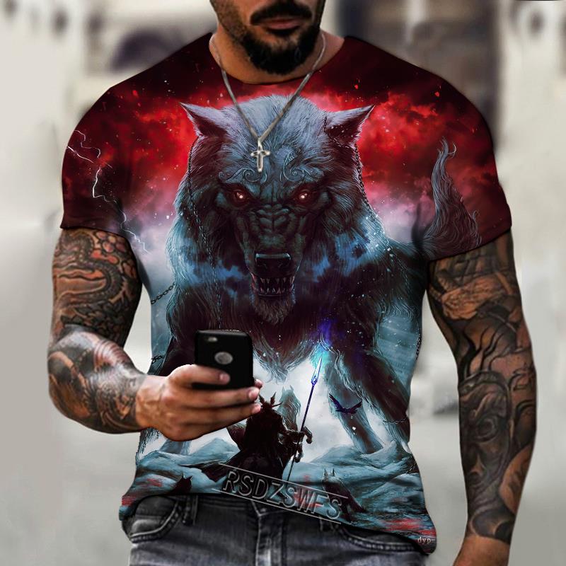 2026 Brand Men's T-shirt 3D Printing Ice And Fire Wolf Horror Series Fierce Werewolf