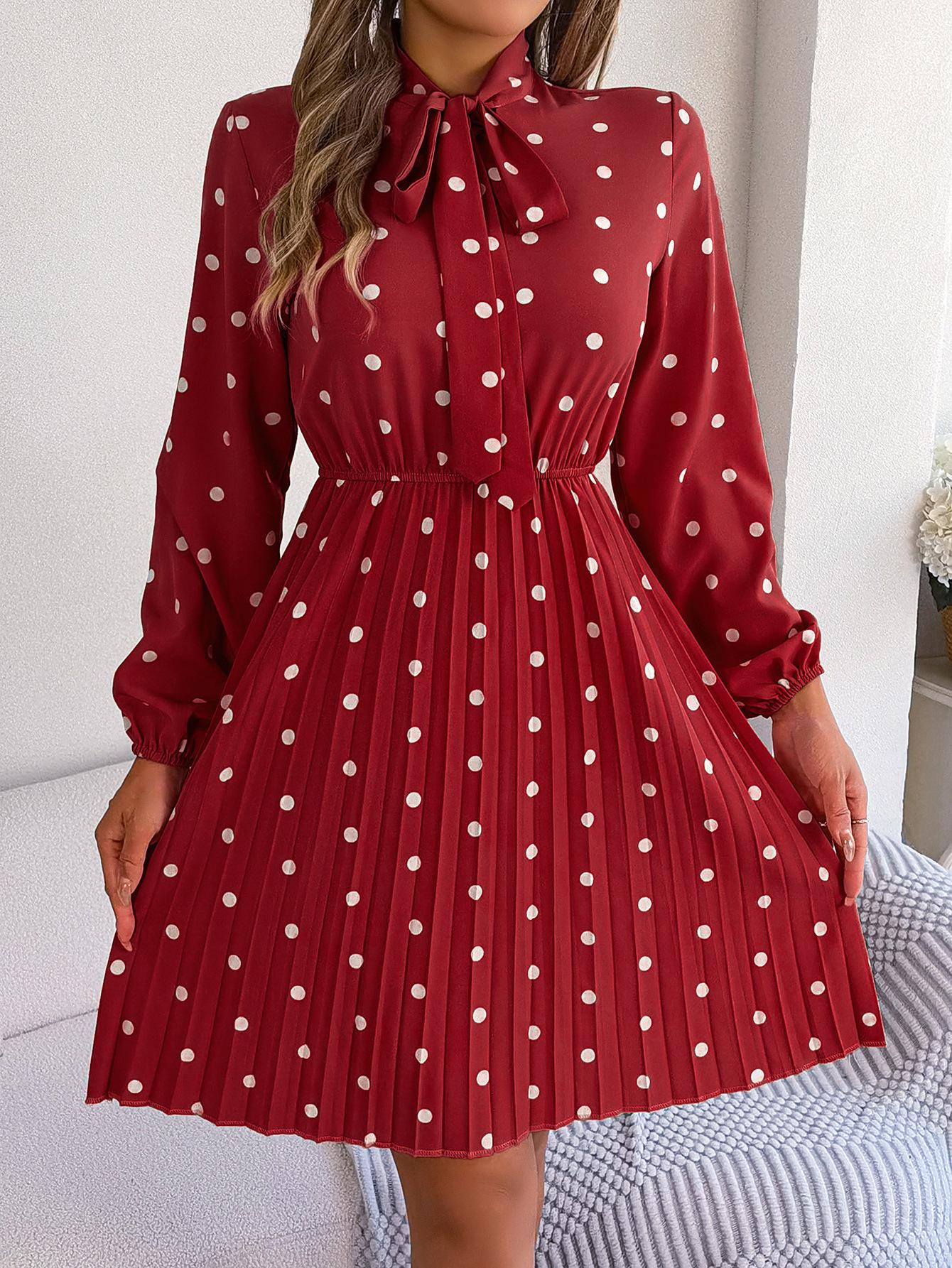 Women Elegant Polka Dot Lace Up Waist Long Sleeve Midi Pleated Dress S красный