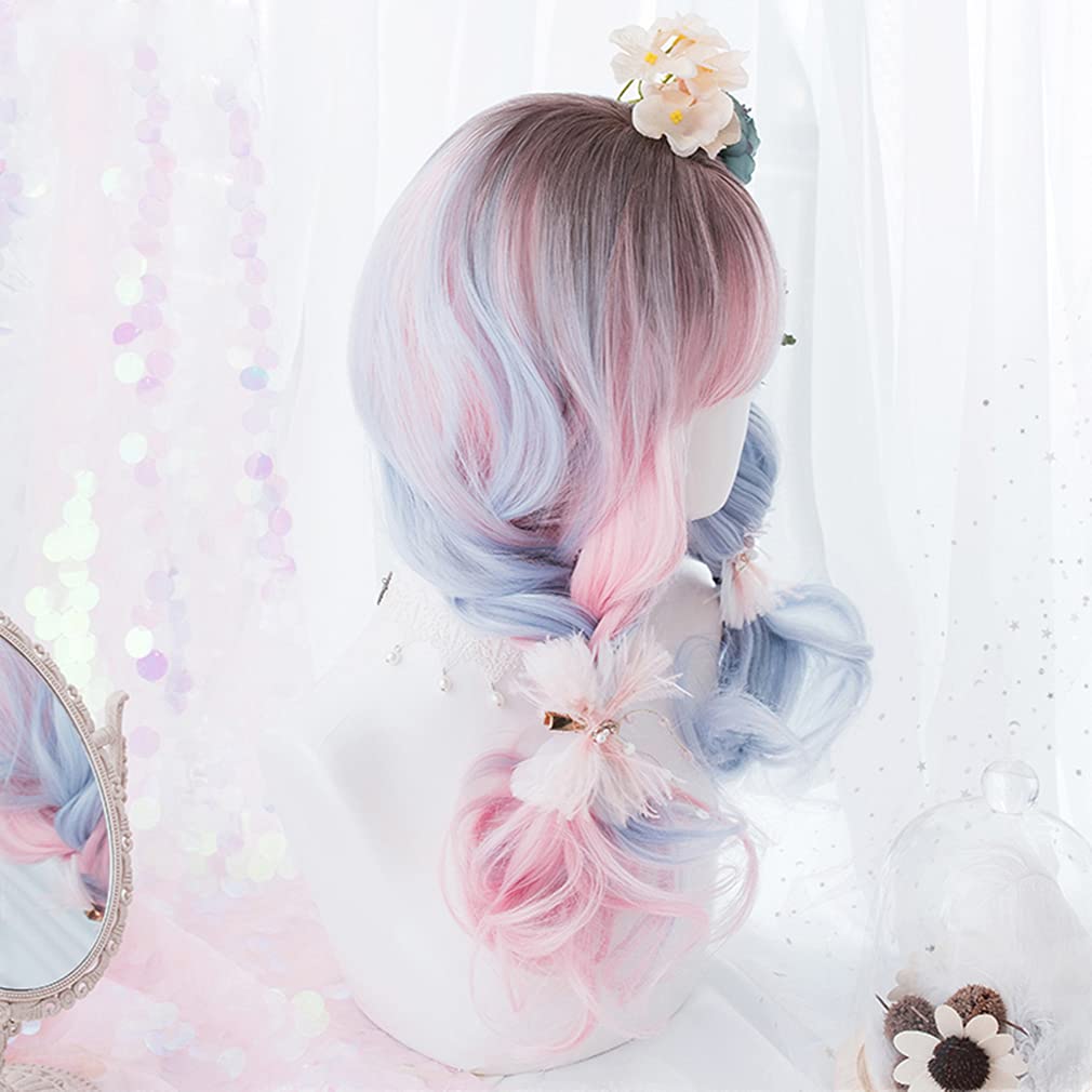Harajuku Style Lolita Wig, Long Curly Two-Tone Wig (Blue & Pink), Heat-Resistant Cosplay Wig for GAL, Gothic Lolita, Party, Daily Wear, 54cm