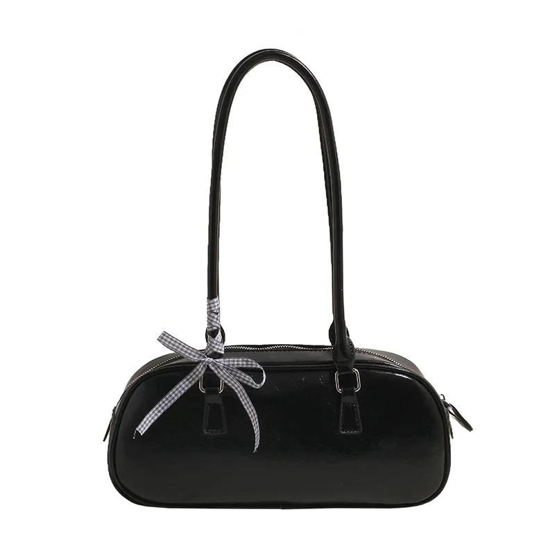 Fashion handbag with a bow for women simple underarm bag of solid color large capacity pillow bag