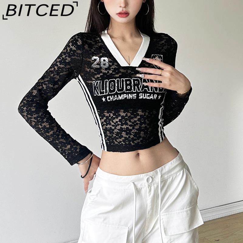 BITCED Autumn Women's Solid-Colour Slim-Fit Cropped V-Neck Long-Sleeved Printed Top