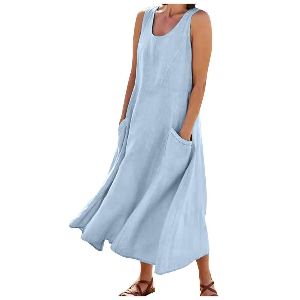 Women's Fashion Casual Colour Sleeveless Cotton Linen Pocket Dress