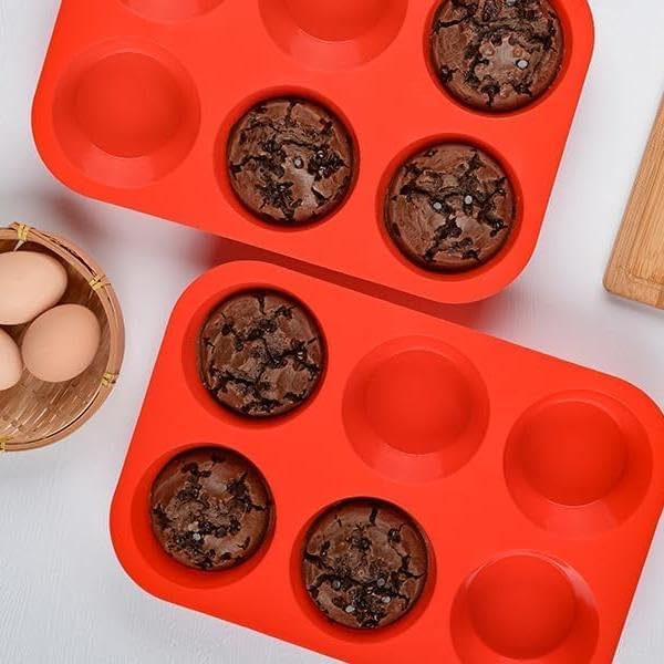 2.5 Inch Silicone Texas Muffin Pan 6 Cup Large Cupcake Pan 2 Pack Red Silicone Mold Muffin Pan Molds