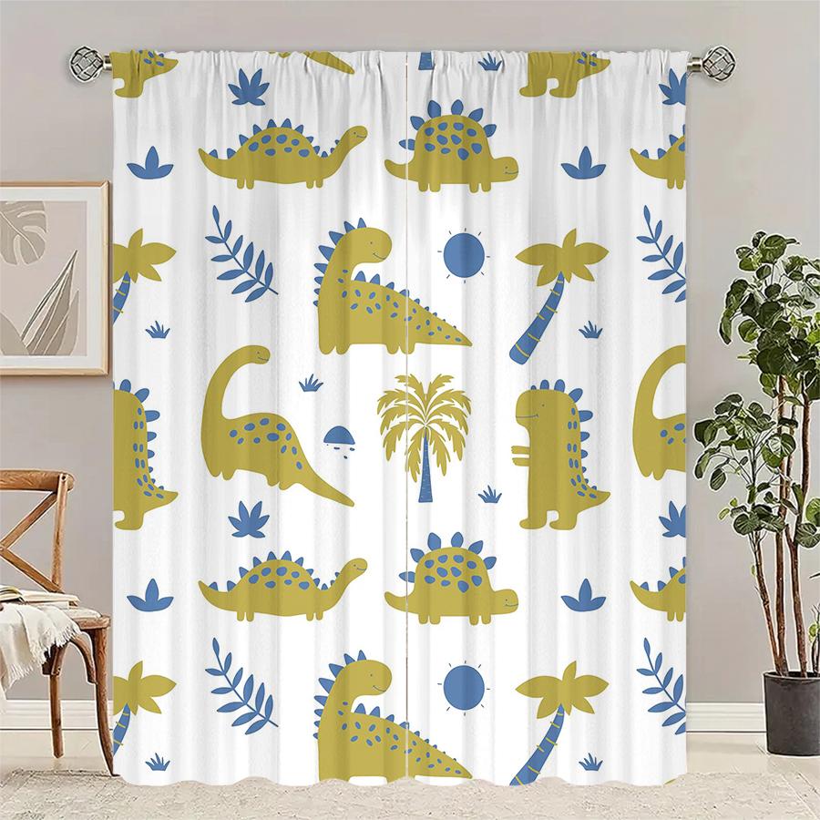 2Pcs- Dinosaur And Coconut Tree Printed Curtains, Pole Bag Curtains, Christmas Decorations, Home Decorations, Room Decorations